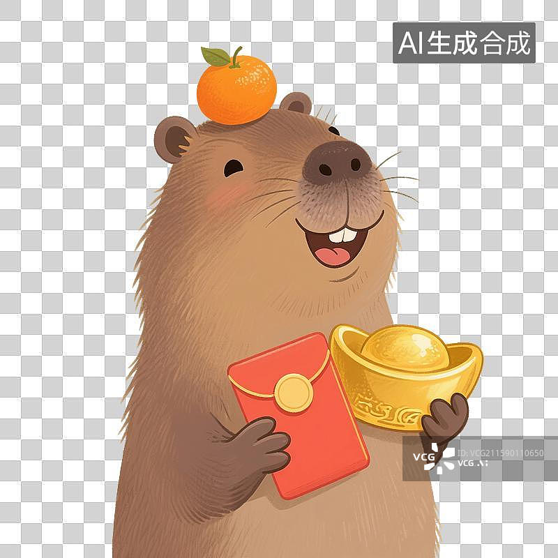【AI数字艺术】手绘插画，卡通动物，水豚，卡皮巴拉，拿着红包和金元宝，赚钱，购物节促销，优惠券，免抠元素图片素材
