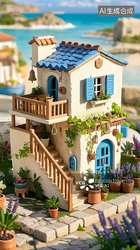 【AI数字艺术】地中海风格微型房屋，阳光下的田园诗图片素材