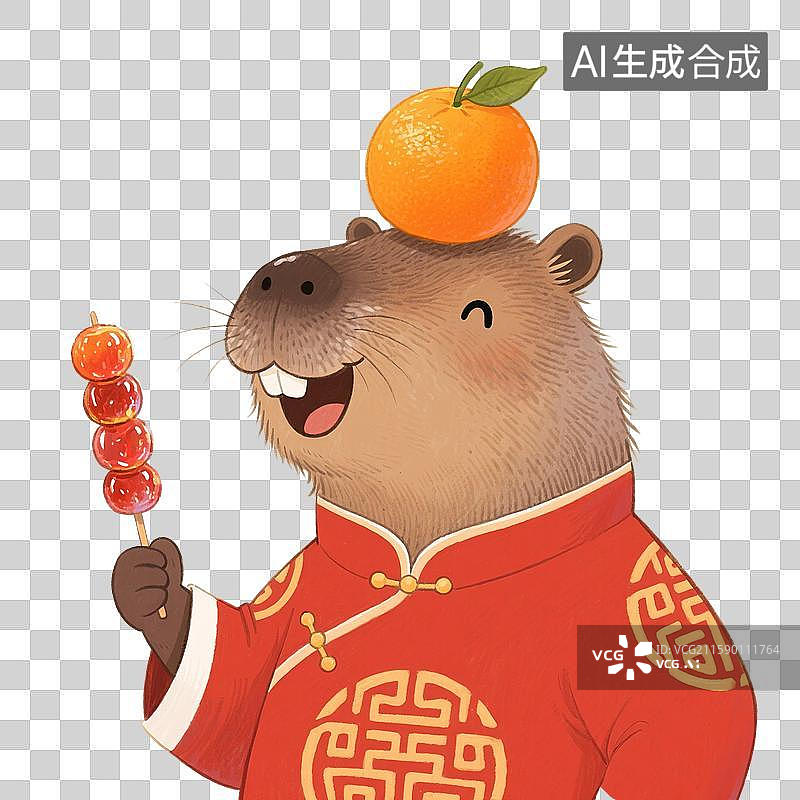 【AI数字艺术】中国风手绘插画，拿着冰糖葫芦的可爱卡通水豚，卡皮巴拉，元宵节，春节，新年，免抠元素图片素材