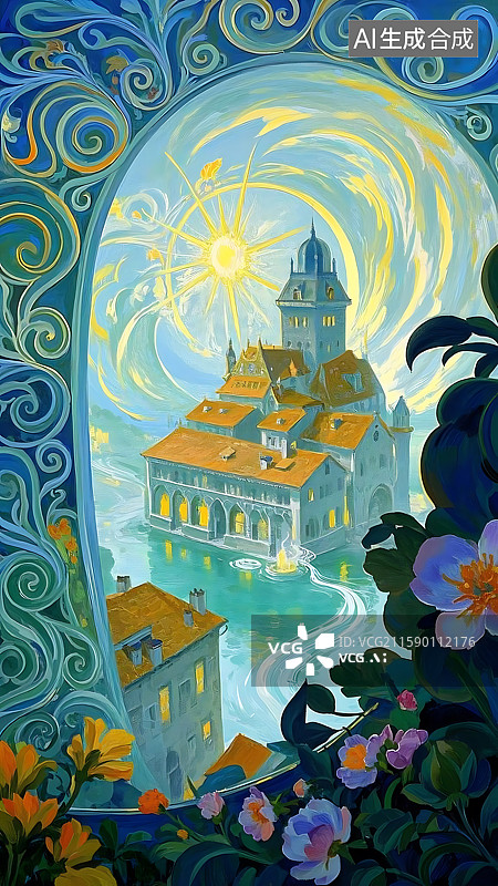 【AI数字艺术】水上城堡，阳光灿烂，鲜花盛开图片素材