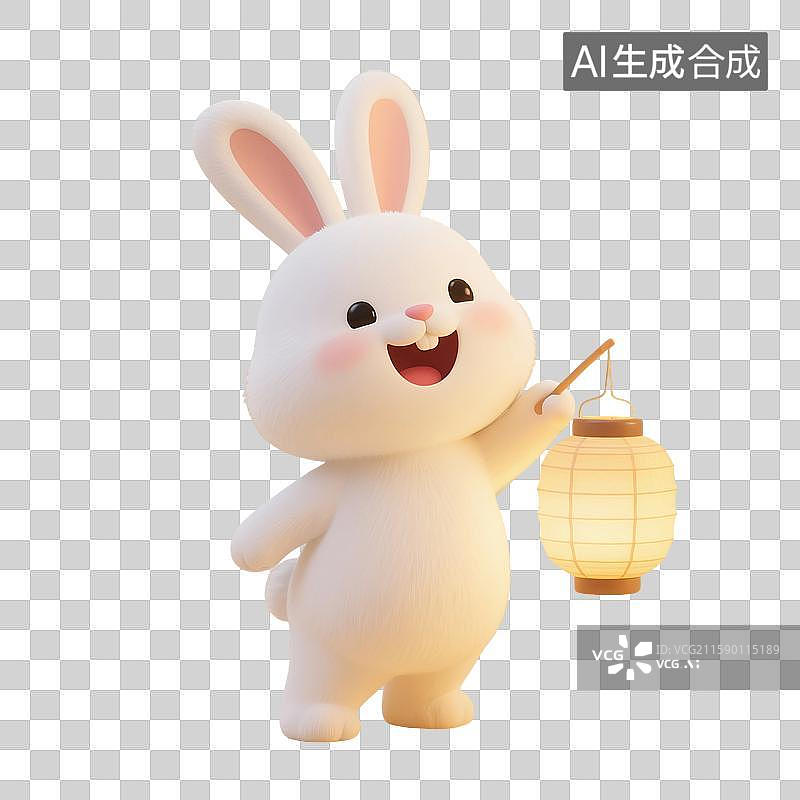 【AI数字艺术】3D渲染，拿着黄色灯笼的可爱卡通小兔子，白兔，玉兔，中秋节，八月十五免抠元素图片素材