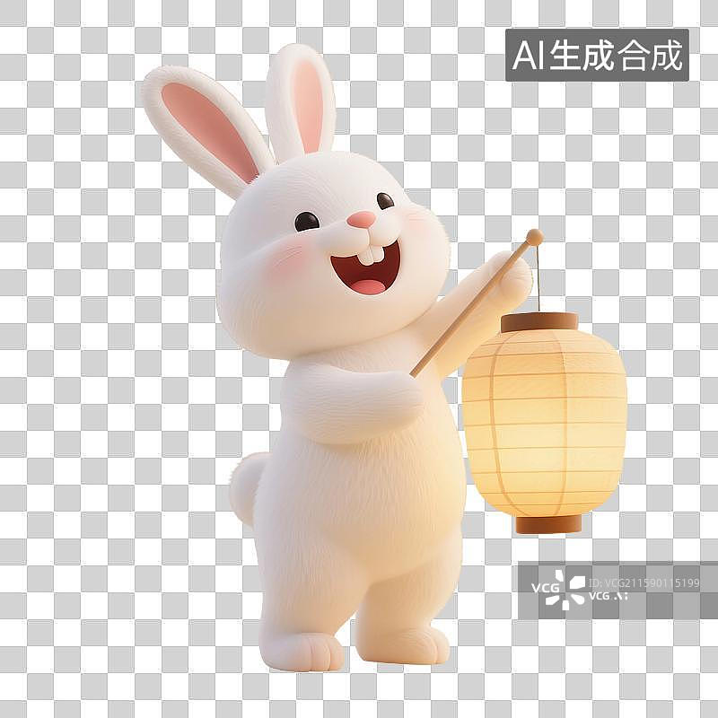 【AI数字艺术】3D渲染，拿着黄色灯笼的可爱卡通小兔子，白兔，玉兔，中秋节，八月十五免抠元素图片素材