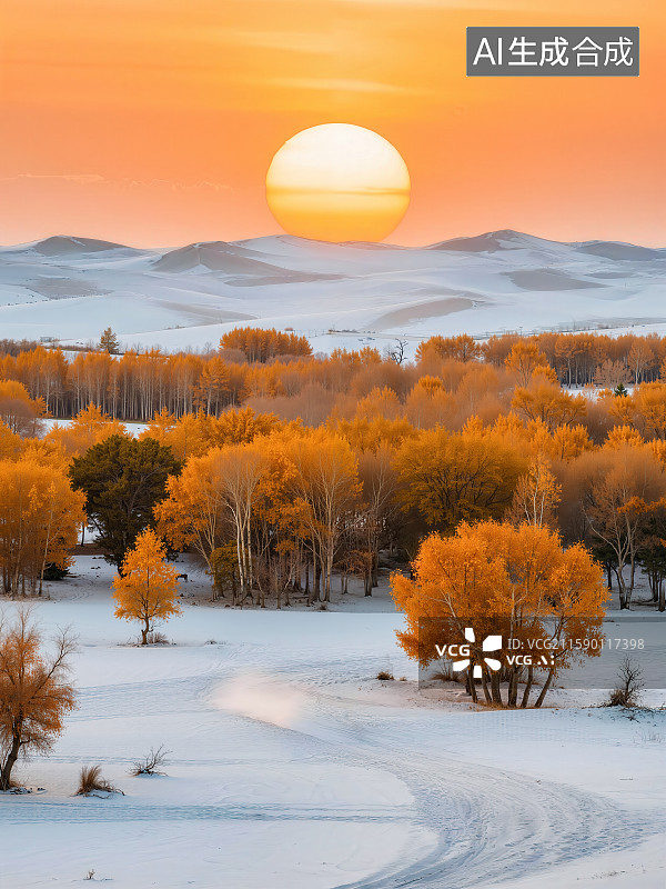 【AI数字艺术】夕阳下的沙漠和胡杨林下雪了图片素材