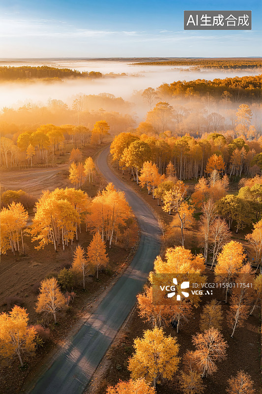 【AI数字艺术】秋天里日出时分高角度下的胡杨林和道路图片素材