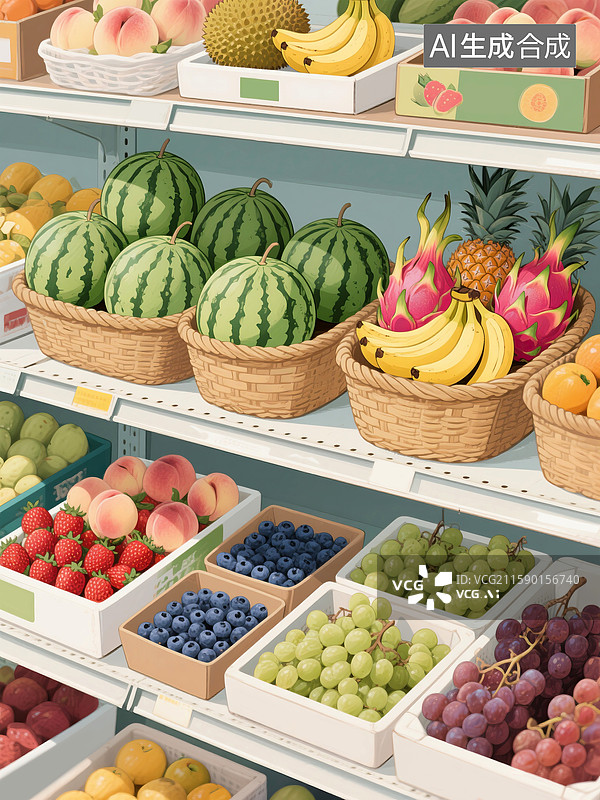 【AI数字艺术】水果店货架摆放各种水果手绘插画图片素材