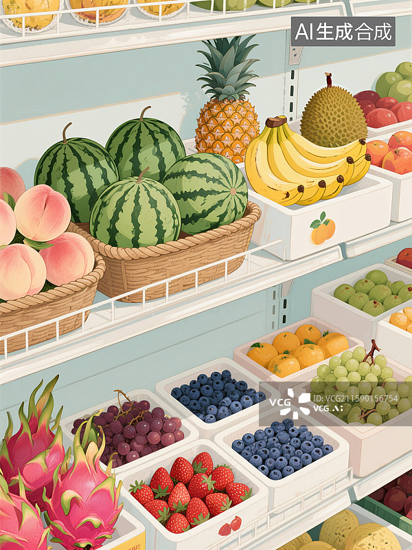 【AI数字艺术】水果店货架摆放各种水果手绘插画图片素材