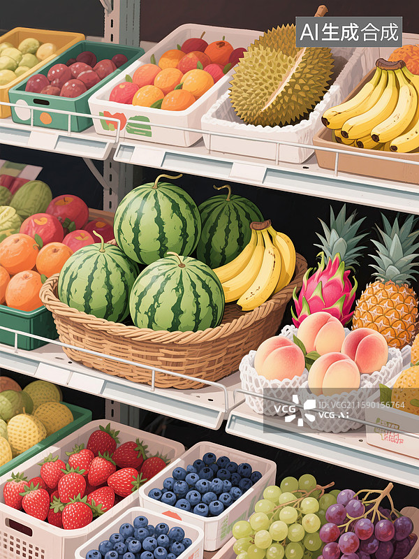 【AI数字艺术】水果店货架摆放各种水果手绘插画图片素材