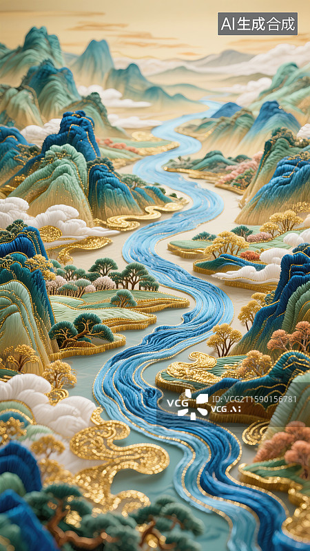 【AI数字艺术】千里江山图刺绣质感山水画图片素材