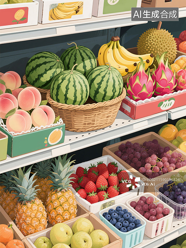 【AI数字艺术】水果店货架摆放各种水果手绘插画图片素材