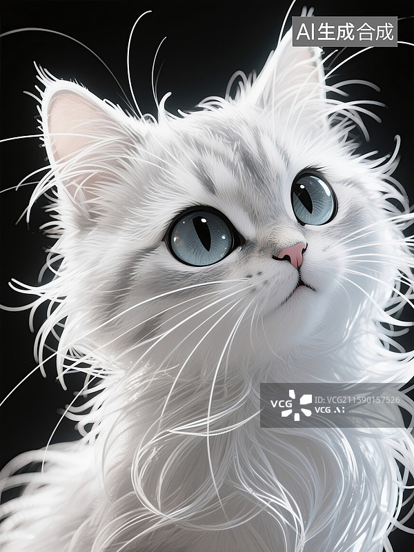 【AI数字艺术】毛茸茸的小白猫手绘插画图片素材