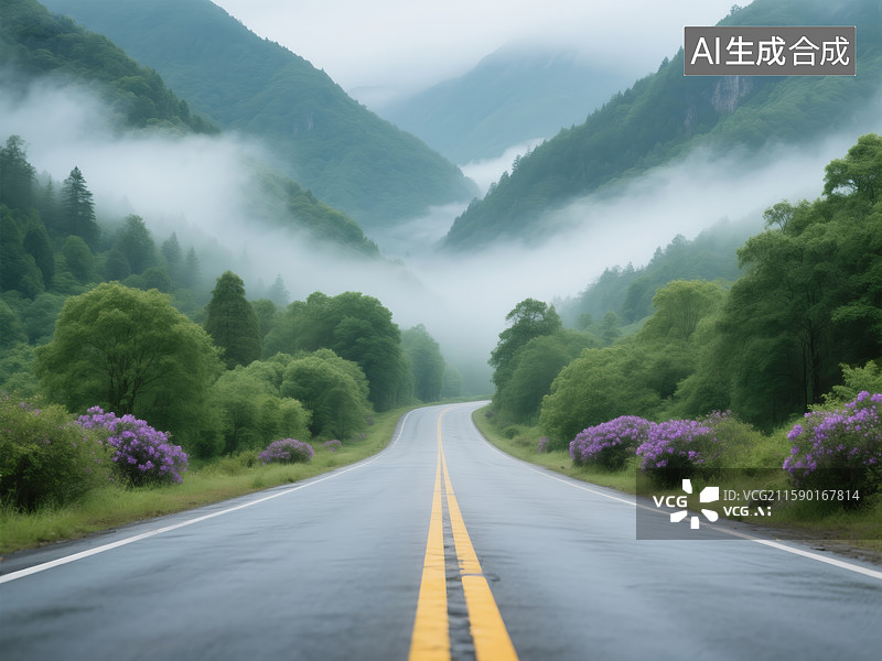 【AI数字艺术】雾中山谷的蜿蜒公路图片素材