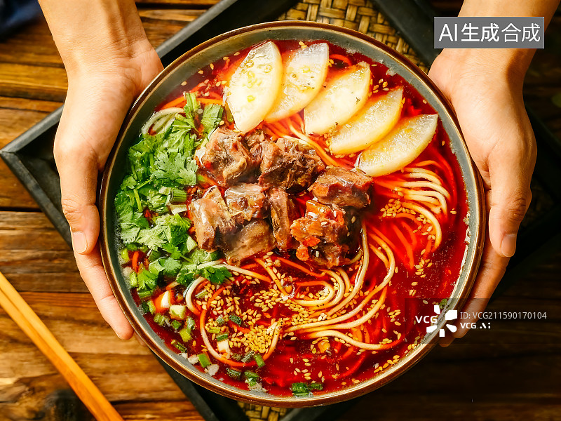【AI数字艺术】一碗兰州牛肉拉面 色彩丰富 辣油 高端美食摄影 餐厅菜单海报图片素材