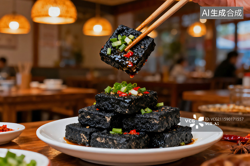 【AI数字艺术】一盘黑色的长沙臭豆腐 诱人的美食 高端美食摄影 餐厅菜单海报图片素材