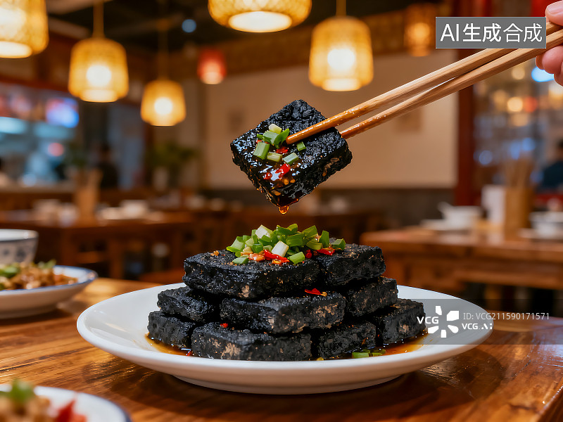 【AI数字艺术】一盘黑色的长沙臭豆腐 诱人的美食 高端美食摄影 餐厅菜单海报图片素材