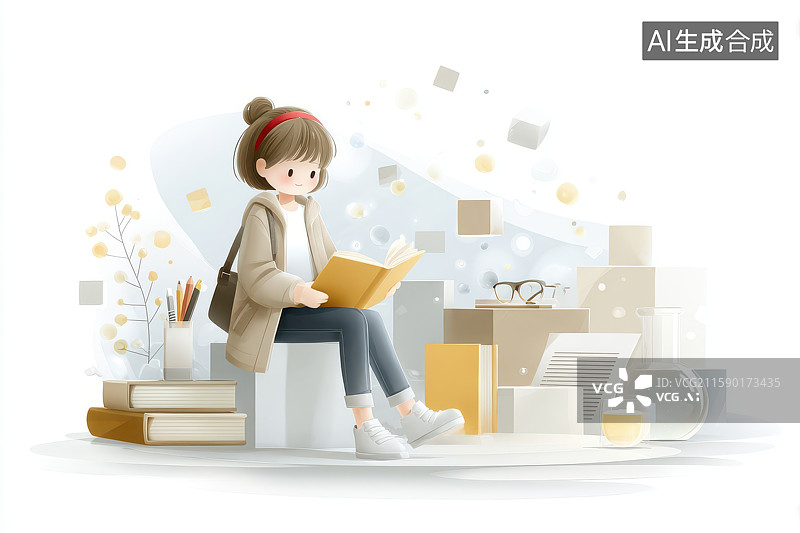 【AI数字艺术】女孩阅读书堆绿植温馨插画图图片素材