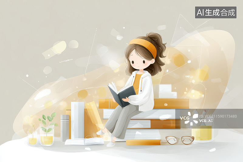 【AI数字艺术】女孩阅读书堆绿植温馨插画图图片素材