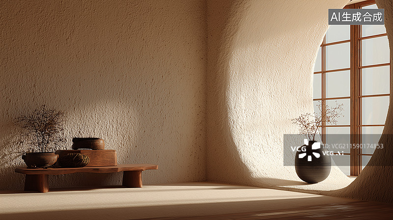 【AI数字艺术】现代禅意灰泥墙空间图片素材