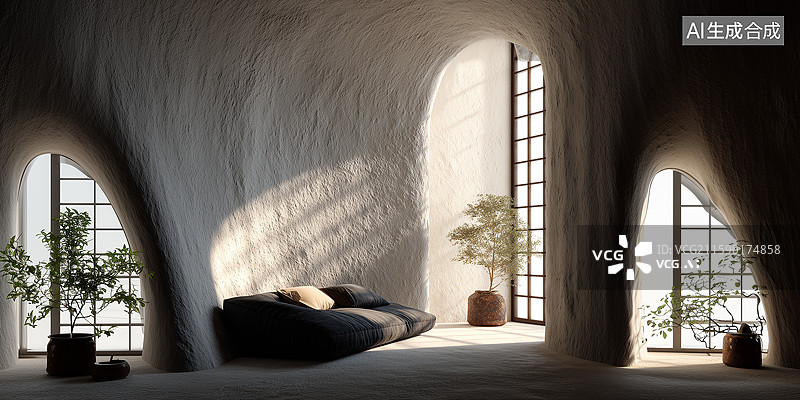 【AI数字艺术】现代禅意灰泥墙空间图片素材