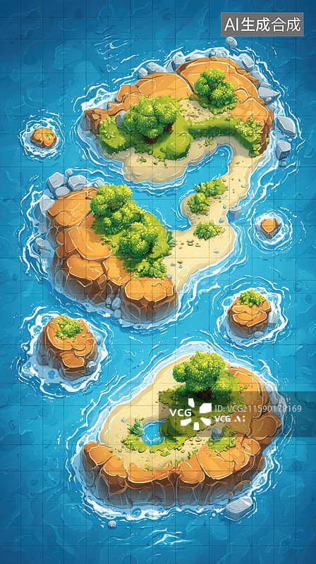 【AI数字艺术】3D卡通岛屿地图俯视创意插画游戏设计色彩缤纷的海洋背景中三个树木覆盖的岛屿休闲手机游戏海报书籍封面图片素材