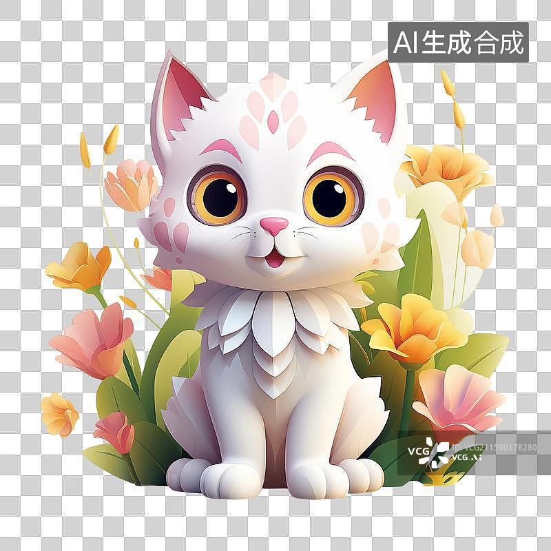 【AI数字艺术】一个3D卡通花从中的小猫插画素材图片素材