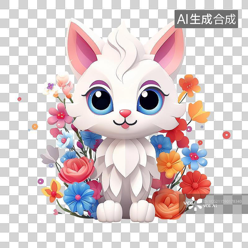 【AI数字艺术】一个3D卡通花从中的小猫插画素材图片素材