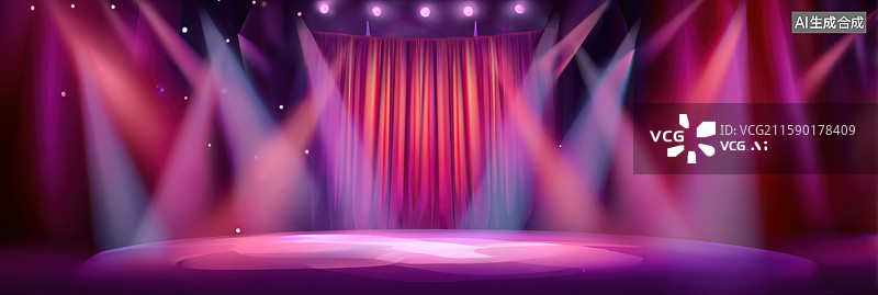 【AI数字艺术】现代3D舞台设计配红色幕布和空白LED屏幕创意抽象商业背景年会和演示粉色紫色白色背景被聚光灯照亮独特图片素材