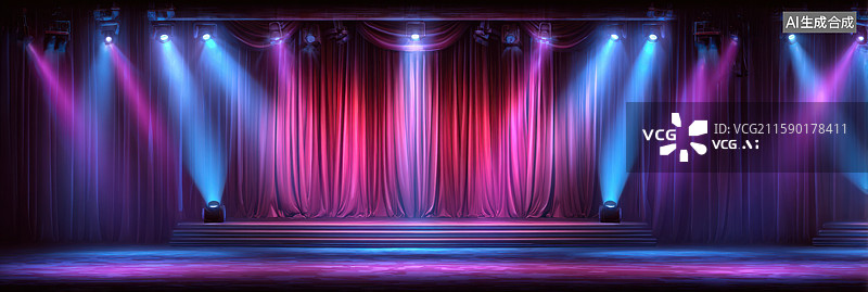 【AI数字艺术】现代3D舞台设计配红色幕布和空白LED屏幕创意抽象商业背景年会和演示粉色紫色白色背景被聚光灯照亮独特图片素材