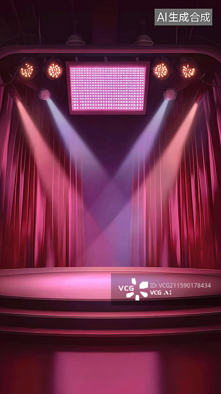 【AI数字艺术】现代3D舞台设计配红色幕布和空白LED屏幕创意抽象商业背景年会和演示粉色紫色白色背景被聚光灯照亮独特图片素材