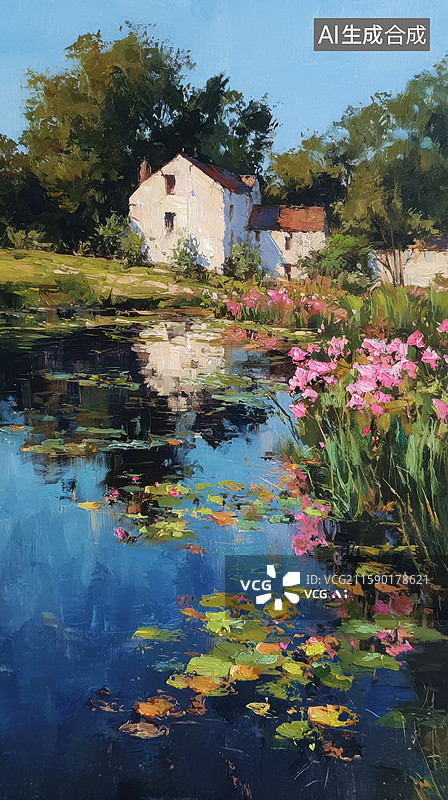 【AI数字艺术】奇幻插画油画风格的迷人莫奈的花园房屋和莲花池粉红玫瑰、茂密的树木和倒影水面营造梦幻书籍封面海报艺术图片素材