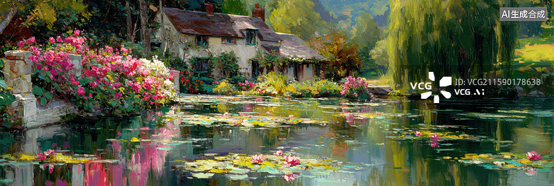 【AI数字艺术】奇幻插画油画风格的迷人莫奈的花园房屋和莲花池粉红玫瑰、茂密的树木和倒影水面营造梦幻书籍封面海报艺术图片素材