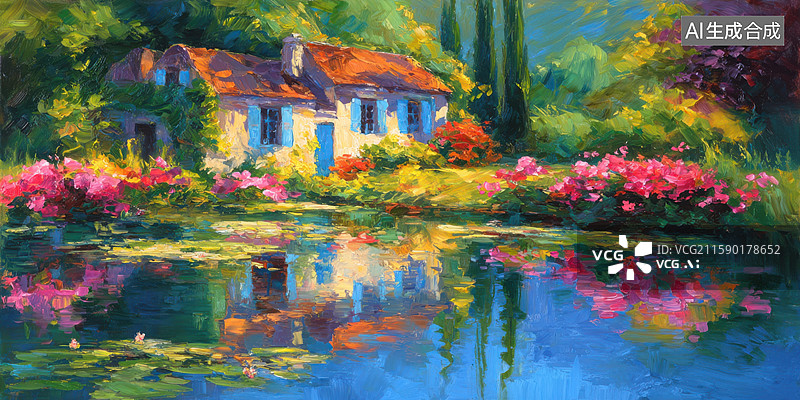 【AI数字艺术】奇幻插画油画风格的迷人莫奈的花园房屋和莲花池粉红玫瑰、茂密的树木和倒影水面营造梦幻书籍封面海报艺术图片素材