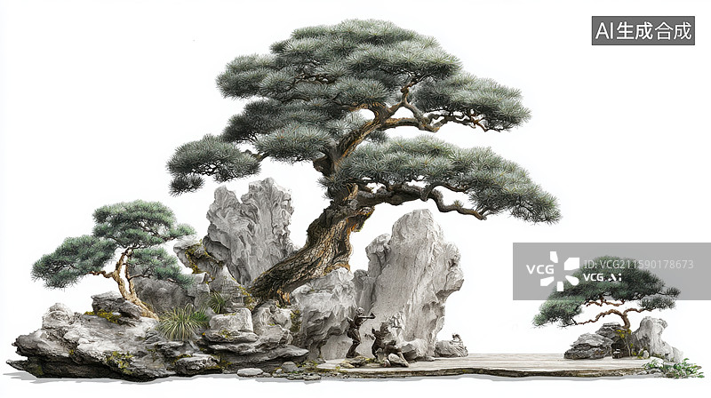 【AI数字艺术】优雅3D中式古典园林白色假山与古松豪华别墅室内设计精美元素纯白背景海报、书籍封面和装饰性设计图片素材