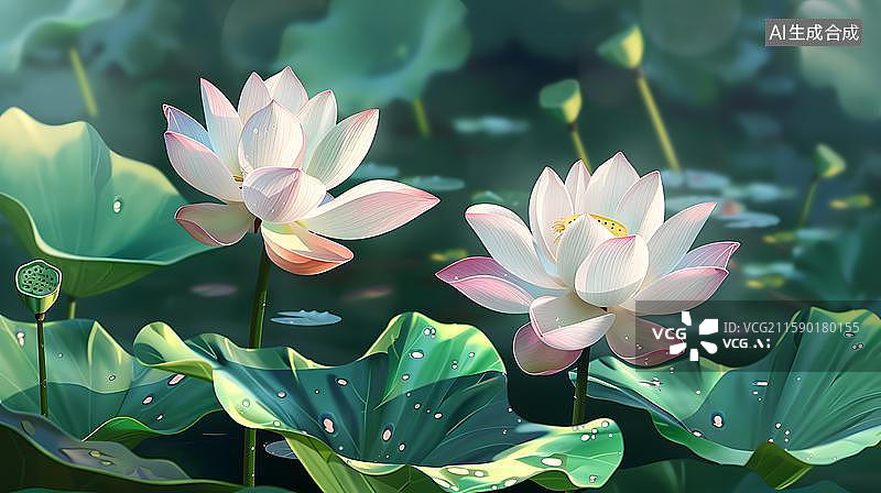 【AI数字艺术】圣洁莲花池的梦幻光影 出淤泥而不染的荷花  云雾缭绕莲花池  池塘中盛开的荷花与莲蓬图片素材