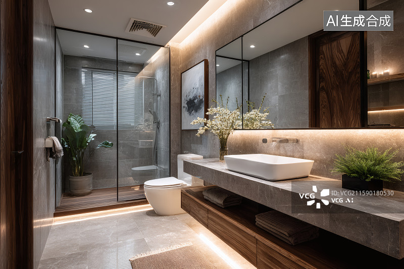 【AI数字艺术】现代装修风格的卫生间，干湿分离，淋浴间与洗漱台图片素材