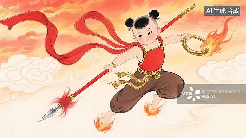 【AI数字艺术】哪吒脚踩风火轮手拿红缨枪战斗图片素材