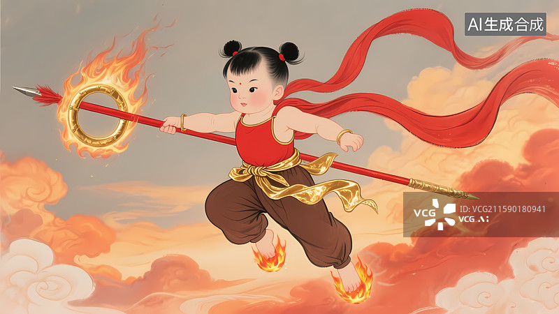 【AI数字艺术】哪吒脚踩风火轮手拿红缨枪战斗图片素材