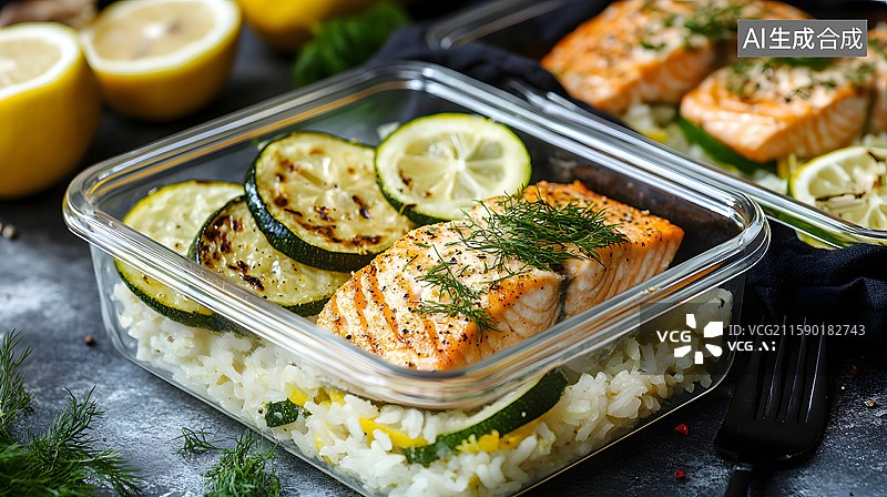 【AI数字艺术】烤三文鱼配米饭和柠檬片图片素材