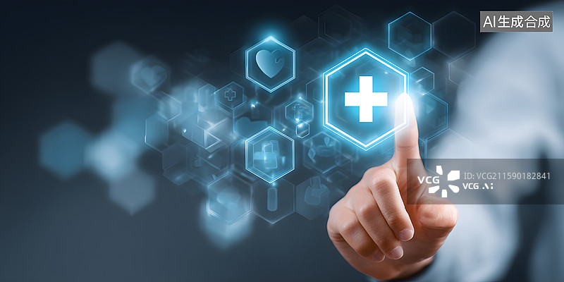【AI数字艺术】手指触碰虚拟医疗图标图片素材