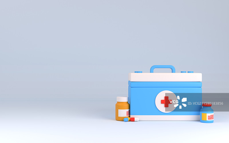 3D渲染的蓝色医药箱喝药瓶胶囊图片素材
