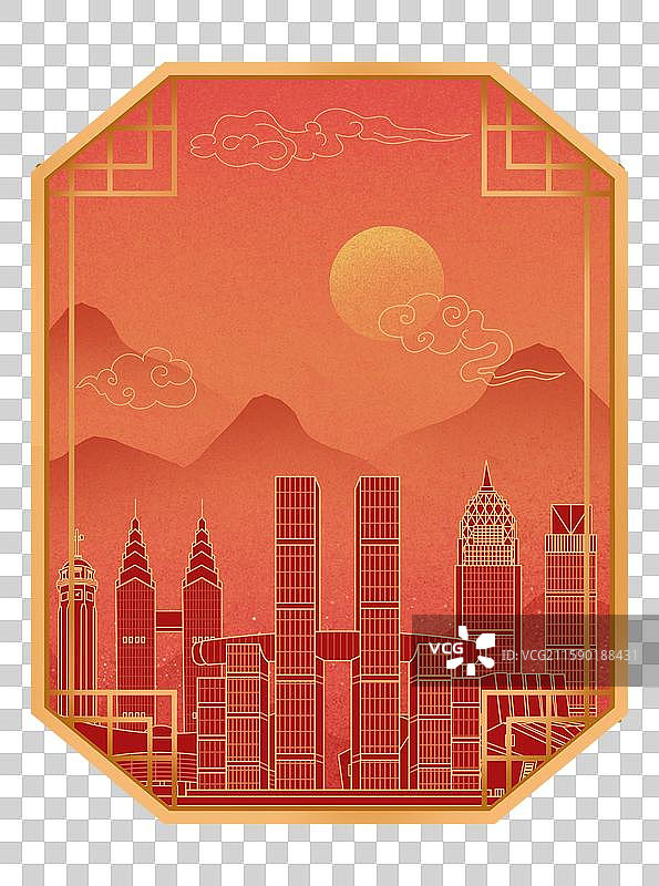 重庆红色中秋节中国风新年古典淡雅山峰窗户景观城市图片素材