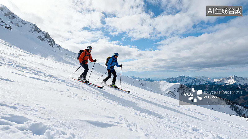 【AI数字艺术】雪山双人滑雪运动场景图片素材