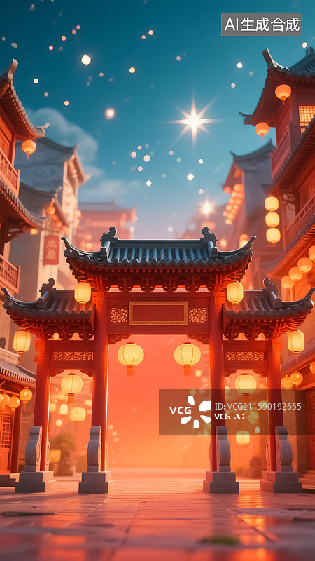 【AI数字艺术】中式牌坊节日插画图片素材