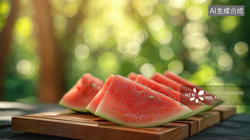 【AI数字艺术】切片西瓜置于木板上，背景绿意盎然图片素材