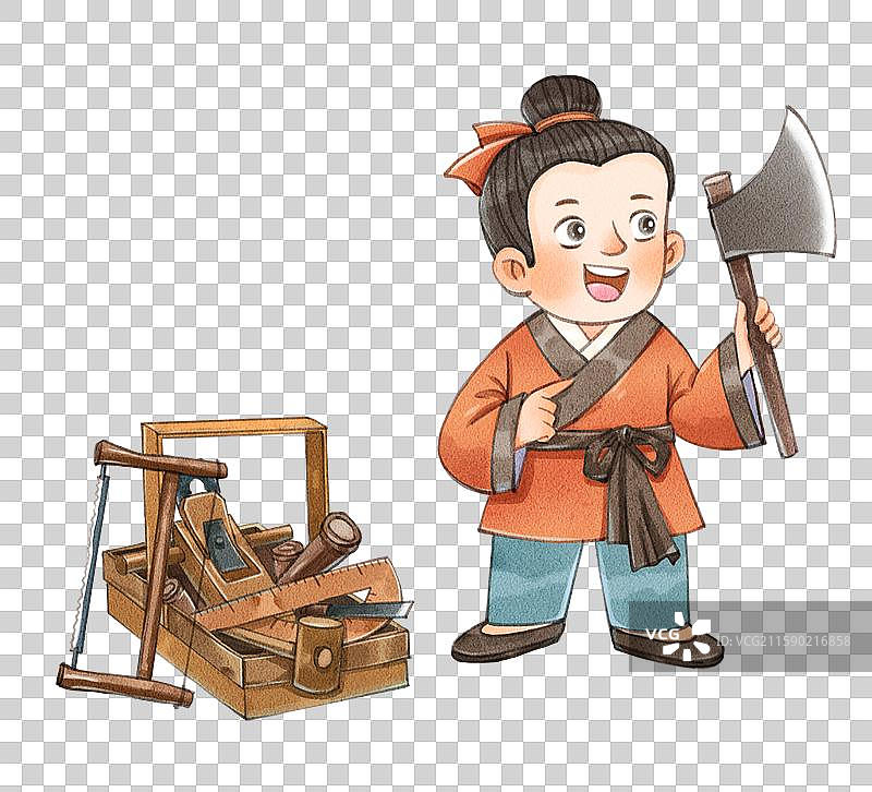 手绘水彩古代拿斧子的男孩与工具箱免抠元素图片素材