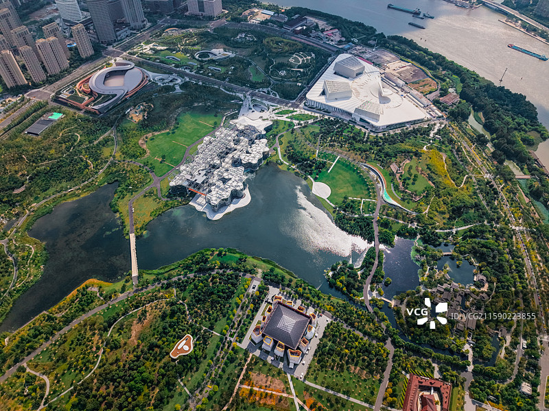 航拍世博地区后滩世博文化公园城市天际线图片素材