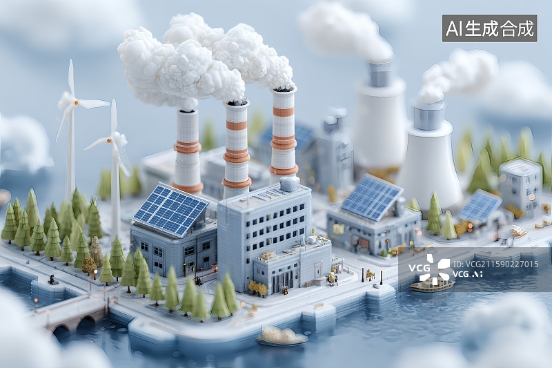 【AI数字艺术】火力发电，风力发电与太阳能发电，综合型发电厂图片素材