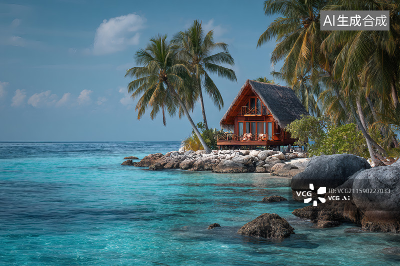 【AI数字艺术】清澈的海水，海边的一座度假别墅图片素材