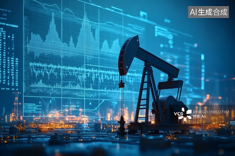 【AI数字艺术】数据图表为背景，一台抽油机，石化工业图片素材