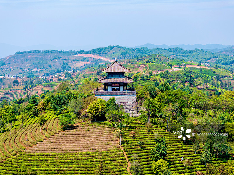 中国云南普洱中华普洱茶博览苑问茶楼航拍图片素材