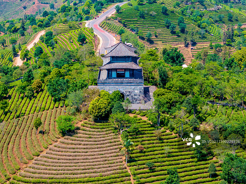 中国云南普洱中华普洱茶博览苑问茶楼航拍图片素材